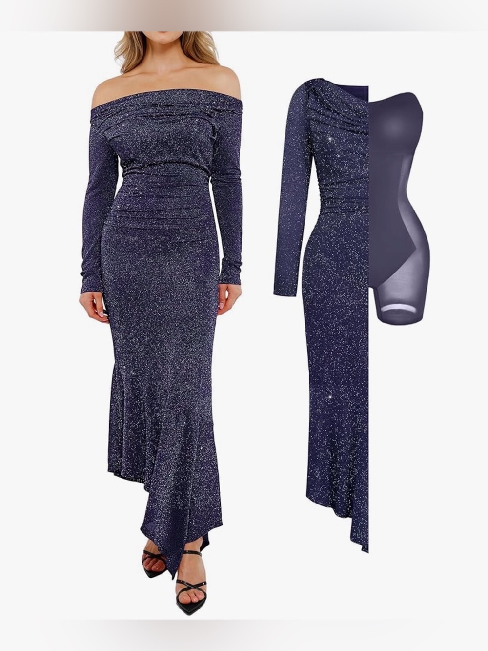 Popilush Women's Shapewear Maxi Dress, Sparkling Off-Shoulder Long-Sleeve XXL